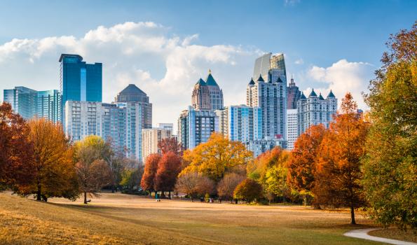 A picture of a field and fall-colored trees with a city landscape behind it